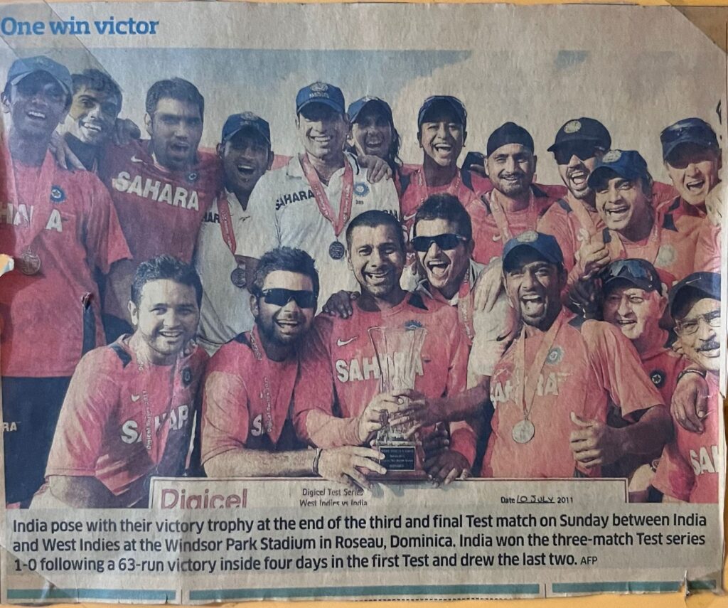 India pose with the trophy for the series win against West Indies. Virat Kohli made his Test debut in this series.