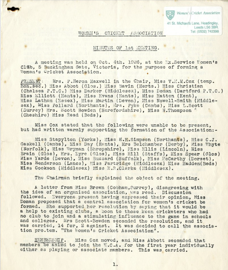 Original Document of the Women's Cricket Association being established